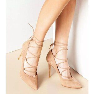 Raye Taylor Suede Lace Up Pumps Pointed Toe Brown Tan Size 40 US 10